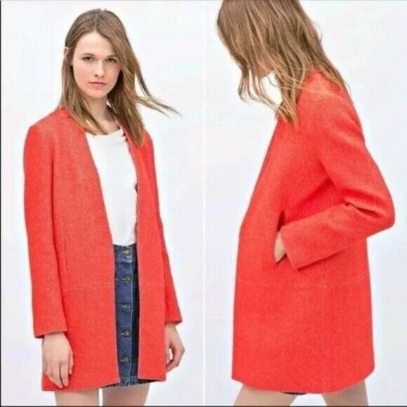 ZARA Blazer Coat Womens Size Small Orange Red Linen Cotton Blend Pockets - Picture 1 of 10